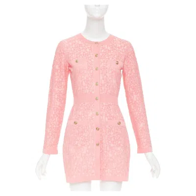 Pre-owned Chanel 21c Light Pink Embossed Camelia Boucle Intarsia Knit Mini Dress Fr36 S