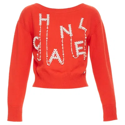 Pre-owned Chanel 21s Runway 100% Cashmere Pearl Crystal Beads Spell Out Cropped Sweater Xs In Red