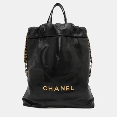 Pre-owned Chanel 22 Backpack Black Shiny Calf Leather Size Small