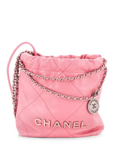 Pre-owned Chanel 22 Chain Hobo Quilted Calfskin Mini Crossbody Bag In ピンク