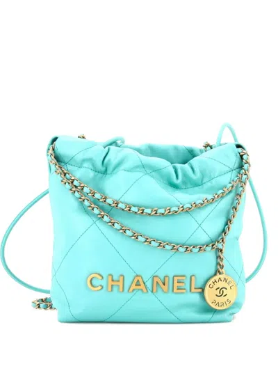 Pre-owned Chanel 22 Chain Hobo Quilted Calfskin Mini Crossbody Bag In Blue