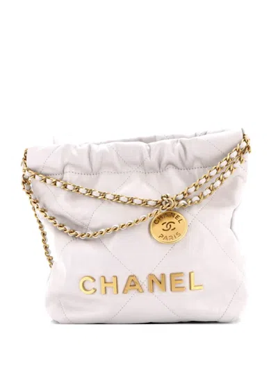 Pre-owned Chanel 22 Chain Hobo Quilted Calfskin Mini Crossbody Bag In Gray
