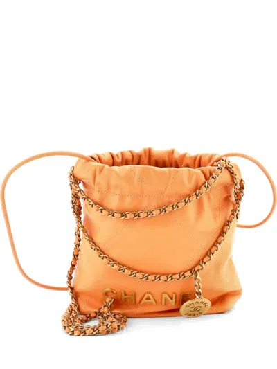 Pre-owned Chanel 22 Chain Hobo Quilted Calfskin Mini Crossbody Bag In Orange