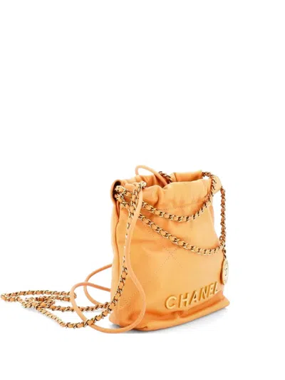 Pre-owned Chanel 22 Chain Hobo Quilted Calfskin Mini Crossbody Bag In Orange
