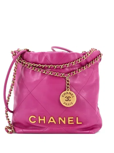 Pre-owned Chanel 22 Chain Hobo Quilted Calfskin Mini Crossbody Bag In Pink