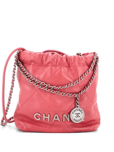 Pre-owned Chanel 22 Chain Hobo Quilted Calfskin Mini Crossbody Bag In Pink