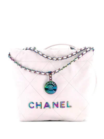Pre-owned Chanel 22 Chain Hobo Quilted Calfskin Mini Crossbody Bag In White