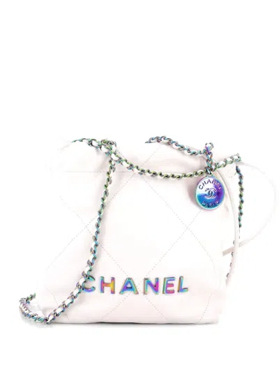 Pre-owned Chanel 22 Chain Hobo Quilted Calfskin Mini Crossbody Bag In White