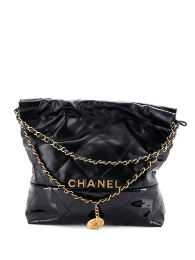 Pre-owned Chanel 22 Chain Quilted Calfskin And Patent Small Hobo Bag In Black