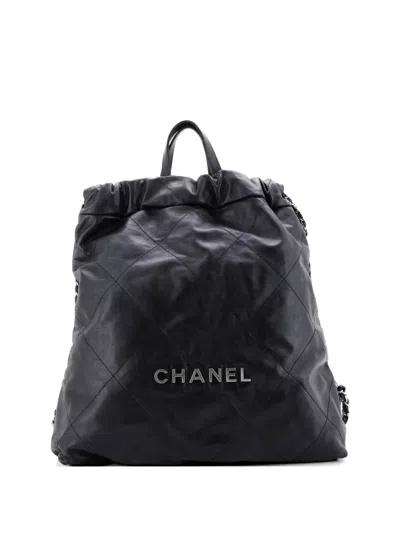 Pre-owned Chanel 22 Chain Quilted Calfskin Large Backpack In Black