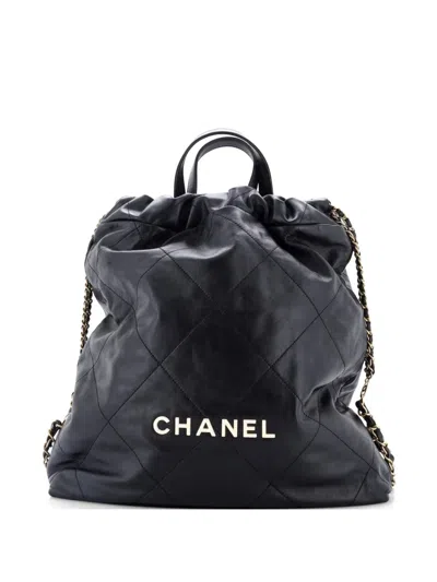 Pre-owned Chanel 22 Chain Quilted Calfskin Large Backpack In Black