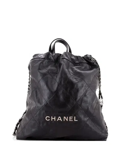 Pre-owned Chanel 22 Chain Quilted Calfskin Large Backpack In Black