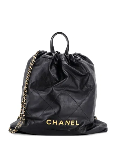 Pre-owned Chanel 22 Chain Quilted Calfskin Large Backpack In Black