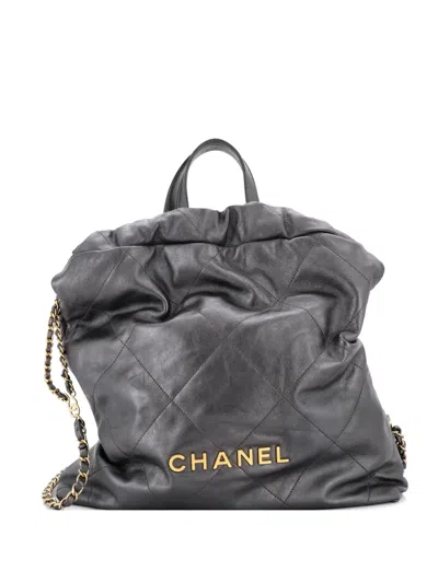 Pre-owned Chanel 22 Chain Quilted Calfskin Large Backpack In Gray