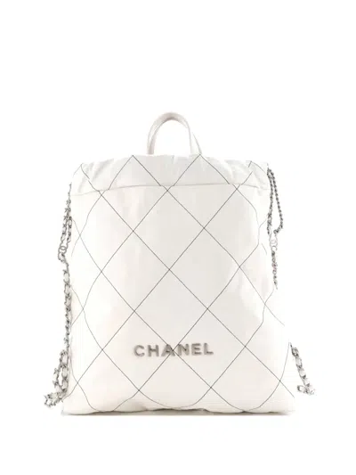 Pre-owned Chanel 22 Chain Quilted Calfskin Large Backpack In White