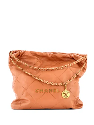 Pre-owned Chanel 22 Chain Quilted Calfskin Large Hobo Bag In Brown