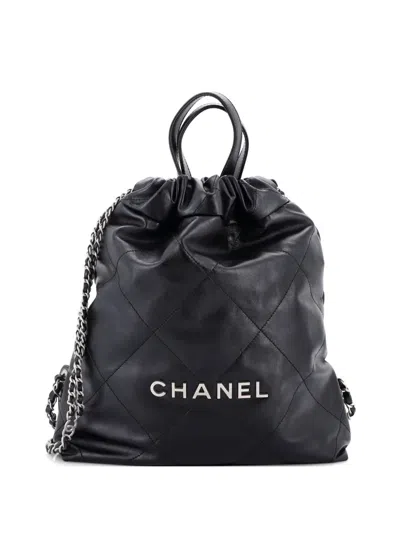Pre-owned Chanel 22 Chain Quilted Calfskin Medium Backpack In Black