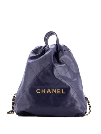 Pre-owned Chanel 22 Chain Quilted Calfskin Medium Backpack In Blue