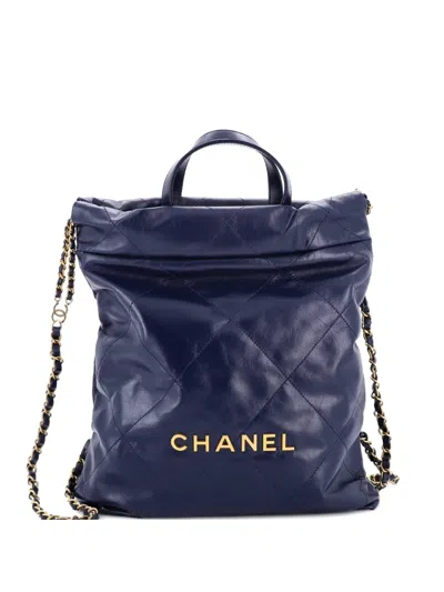 Pre-owned Chanel 22 Chain Quilted Calfskin Medium Backpack In Blue