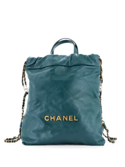 Pre-owned Chanel 22 Chain Quilted Calfskin Medium Backpack In Blue