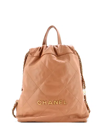 Pre-owned Chanel 22 Chain Quilted Calfskin Medium Backpack In Brown