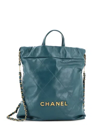 Pre-owned Chanel 22 Chain Quilted Calfskin Medium Backpack In Green