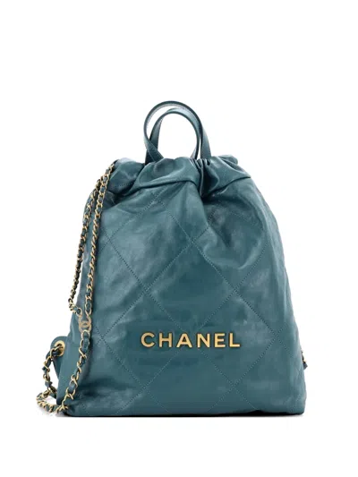 Pre-owned Chanel 22 Chain Quilted Calfskin Medium Backpack In Green