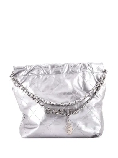 Pre-owned Chanel 22 Chain Quilted Calfskin Small Hobo Bag In Silver