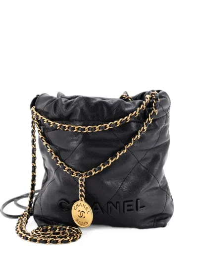 Pre-owned Chanel 22 Chain Quilted Caviar Mini Hobo Bag In Black