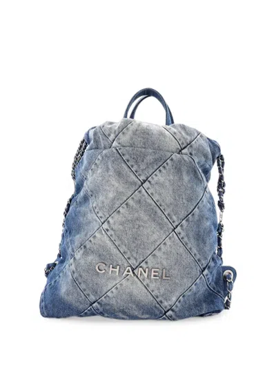 Pre-owned Chanel 22 Chain Quilted Denim Medium Backpack In Blue