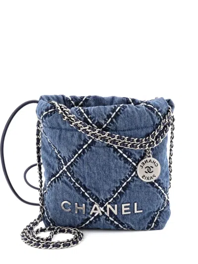 Pre-owned Chanel 22 Chain Quilted Stitched Denim Mini Hobo Bag In Blue