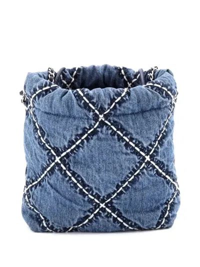 Pre-owned Chanel 22 Chain Quilted Stitched Denim Mini Hobo Bag In Blue