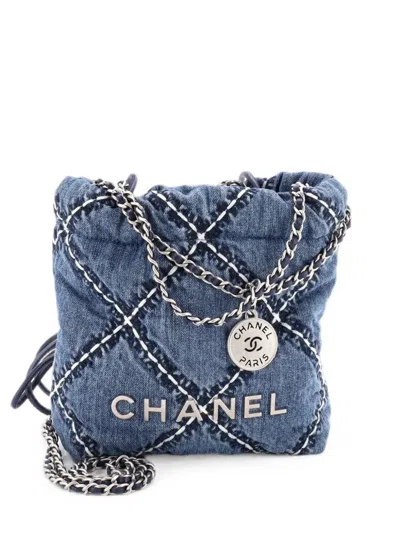 Pre-owned Chanel 22 Chain Quilted Stitched Denim Mini Hobo Bag In Blue