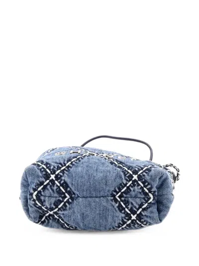 Pre-owned Chanel 22 Chain Quilted Stitched Denim Mini Hobo Bag In Blue