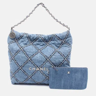 Pre-owned Chanel 22 Chain Shoulder Tote Bag Denim Leather Navy In Blue