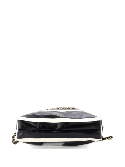 Pre-owned Chanel 22 Chain Striped Shiny Calfskin Medium Backpack In Black
