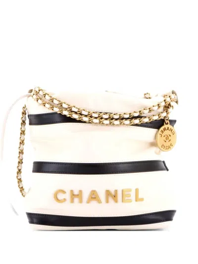 Pre-owned Chanel 22 Chain Striped Shiny Calfskin Mini Hobo Bag In White