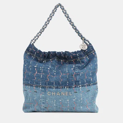 Pre-owned Chanel 22 Glitter Patchwork Chain Handbag Blue/pink Denim Size Small