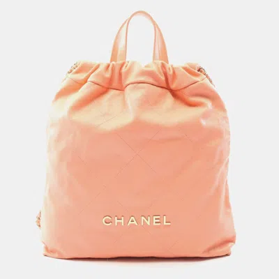 Pre-owned Chanel 22 Large Orange Grained Calfskin Leather Backpack Bag