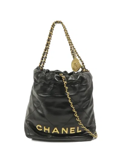 Pre-owned Chanel 22 Mini Leather Tote Bag In Black