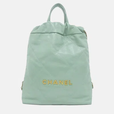 Pre-owned Chanel 22 Small Light Green Shiny Calfskin Leather Backpack Bag