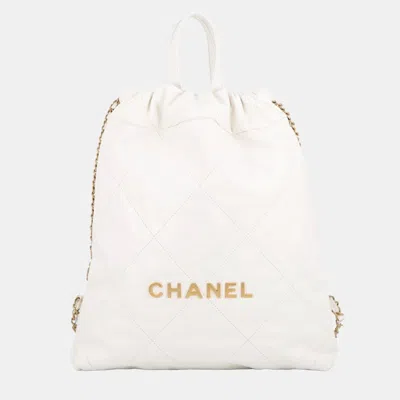 Pre-owned Chanel 22 Small White Shiny Calfskin Leather Gold Hardware Backpack Bag