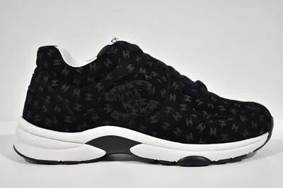 Pre-owned Chanel 22a Black Suede Printed Cc Logo White Flat Runner Trainer Sneaker 40