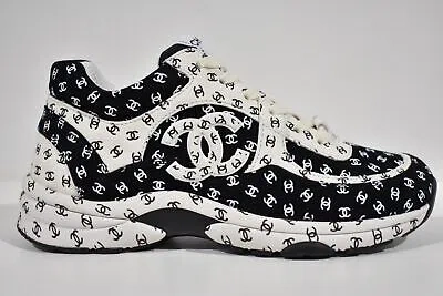 Pre-owned Chanel 22a Black White Suede Printed Cc Logo Flat Runner Trainer Sneaker 40.5