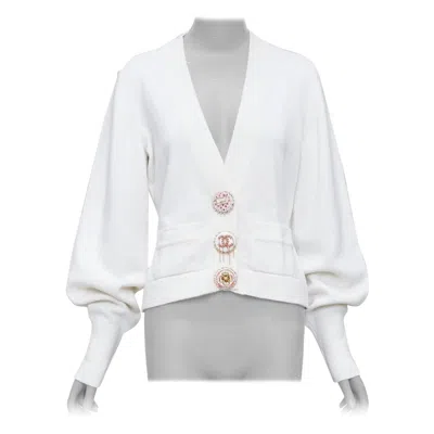 Pre-owned Chanel 22a Off White Cashmere Blend Pink Cc Crystal Buttons Cardigan Fr38 M