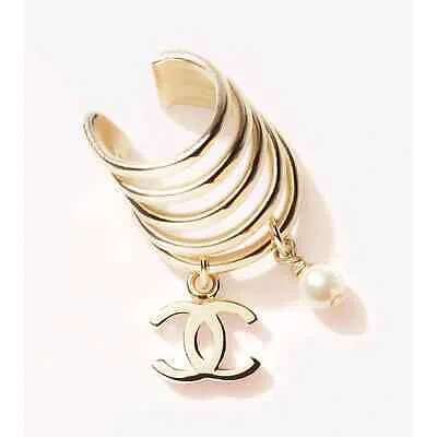 Pre-owned Chanel 22c Gold Pearl White Cc Logo Dangle Drop Statement Cuff Earring Jewel