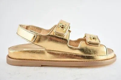 Pre-owned Chanel 22c Golden Gold Laminated Cc Logo Mule Slide Strap Flat Dad Sandal 36