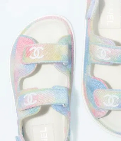 Pre-owned Chanel 22c Green Pink Blue White Cc Logo Mule Slide Strap Flat Dad Sandal 36 In Multicolor