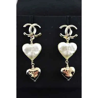 Pre-owned Chanel 22c Heart Shape Gold Pearl White Cc Logo Statement Stud Drop Long Earring