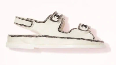 Pre-owned Chanel 22c White Black Graffiti Cc Logo Mule Slide Strap Flat Dad Teva Sandal 36